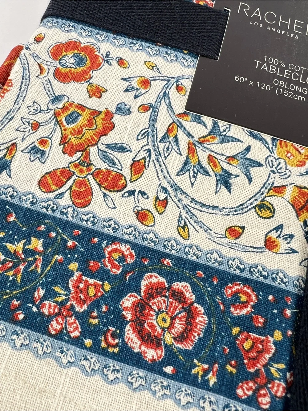 Rachel Zoe FALL Tablecloth 6 Napkins Blue Orange Cream Floral Birds 60 x 120 NEW